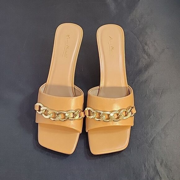 NEW ANNE MICHELLE GOLD CHAIN LINKING SQUARE TOE SANDAL - Picture 4 of 15